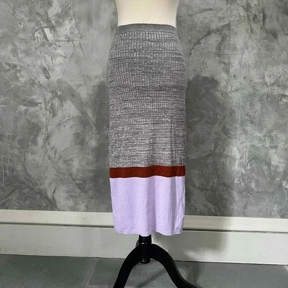 Free People Colorblock Midi Knit Ribbed Skirt Size Small Slit Pull On Boho Chic - Picture 3 of 10